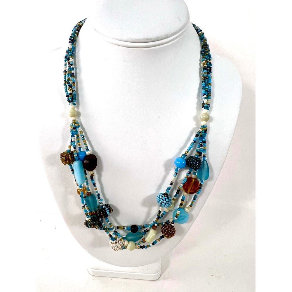 Boho Multi Strand Beaded Statement Necklace Turquoise Aqua Amber Glass Beads